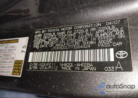 2007 Toyota Prius z USA, uszkodzony, nr VIN JTDKB20U773264424